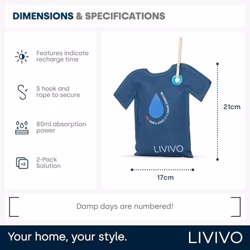 LIVIVO T-Shirt Shaped Reusable Hanging Dehumidifier Bags, 200g, Set of 2, Blue – 6