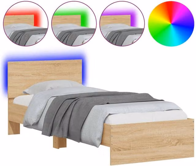 Berkfield Home Single Bed Frame in Sonoma Oak with LED Lights and USB Charging Port, Brown, W/D/H: 90 x 190 cm – 1