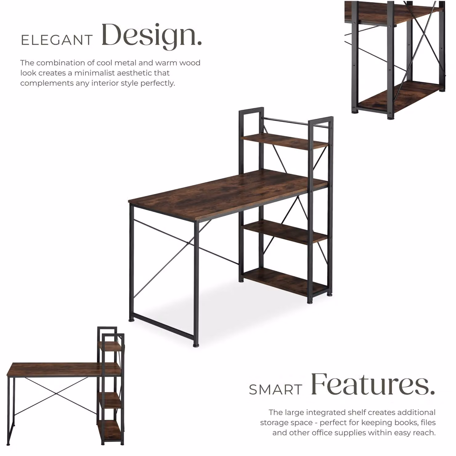 tectake Hershey Computer Desk with Integrated 3-Compartment Shelf in Brown – 3