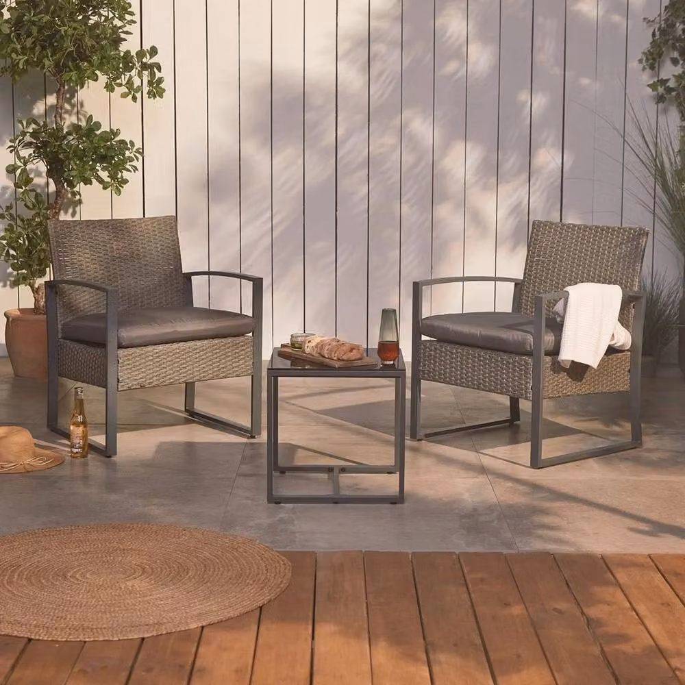 VonHaus Bistro Table and 2 Chairs Set in Grey Rattan Effect with Metal Frame – 3
