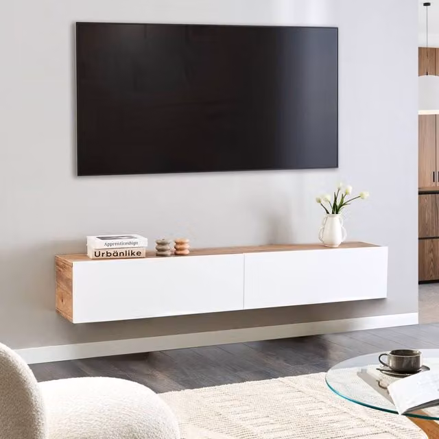 Wyld Haus Modern Wall-Mounted TV Stand in White and Brown with 2 Cabinets, W: 180 cm, H: 32 cm, D: 30 cm – 1