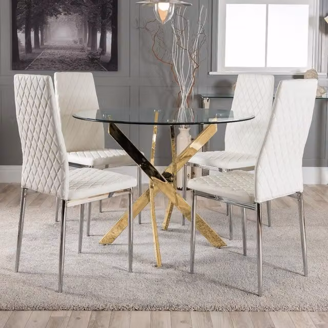 FurnitureboxUK Novara Dining Table and Four Milan Dining Chairs in White and Gold