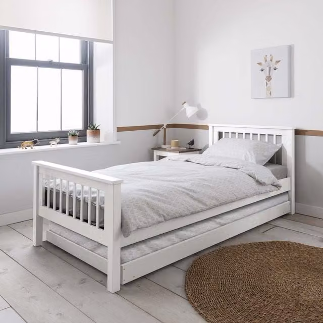 Noa and Nani Hampshire White Single Bedframe with Trundle Drawers and Pine Slats, W/D/H: 90 x 190 cm