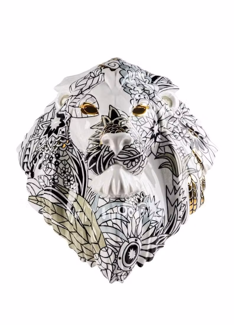 Lladró Lion Mask Wild Nature Porcelain Figurine in White, Black and Gold