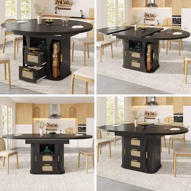 Rolipo Extendable Dining Table with Rattan Storage Drawers in Black