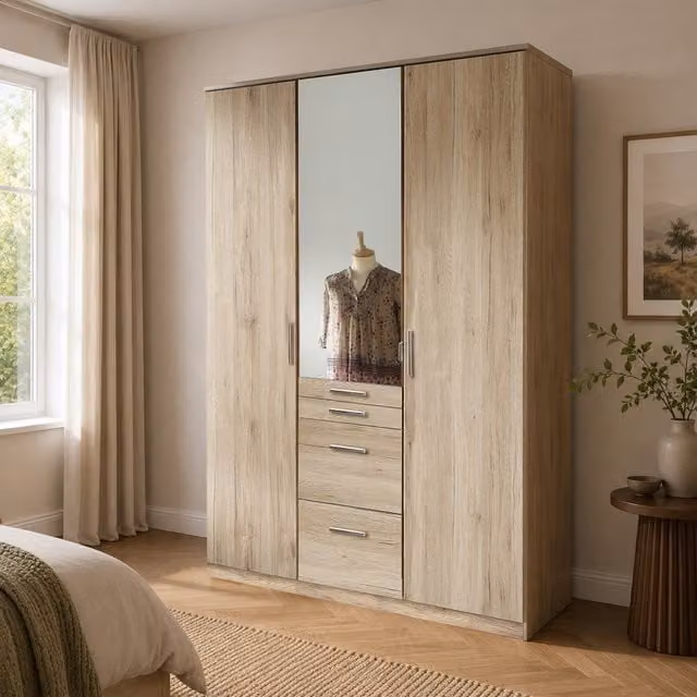 Aachen Sam Remo Oak 3 Door Wardrobe with Mirror, Brown