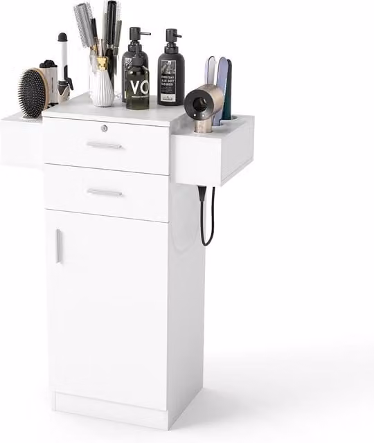 Costway White Locking Beauty Salon Storage Cabinet and Styling Equipment Station with Hinged Doors and Drawers