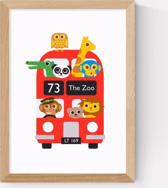 East End Prints London Bus Zoo Framed Art in Sand and Multicolour