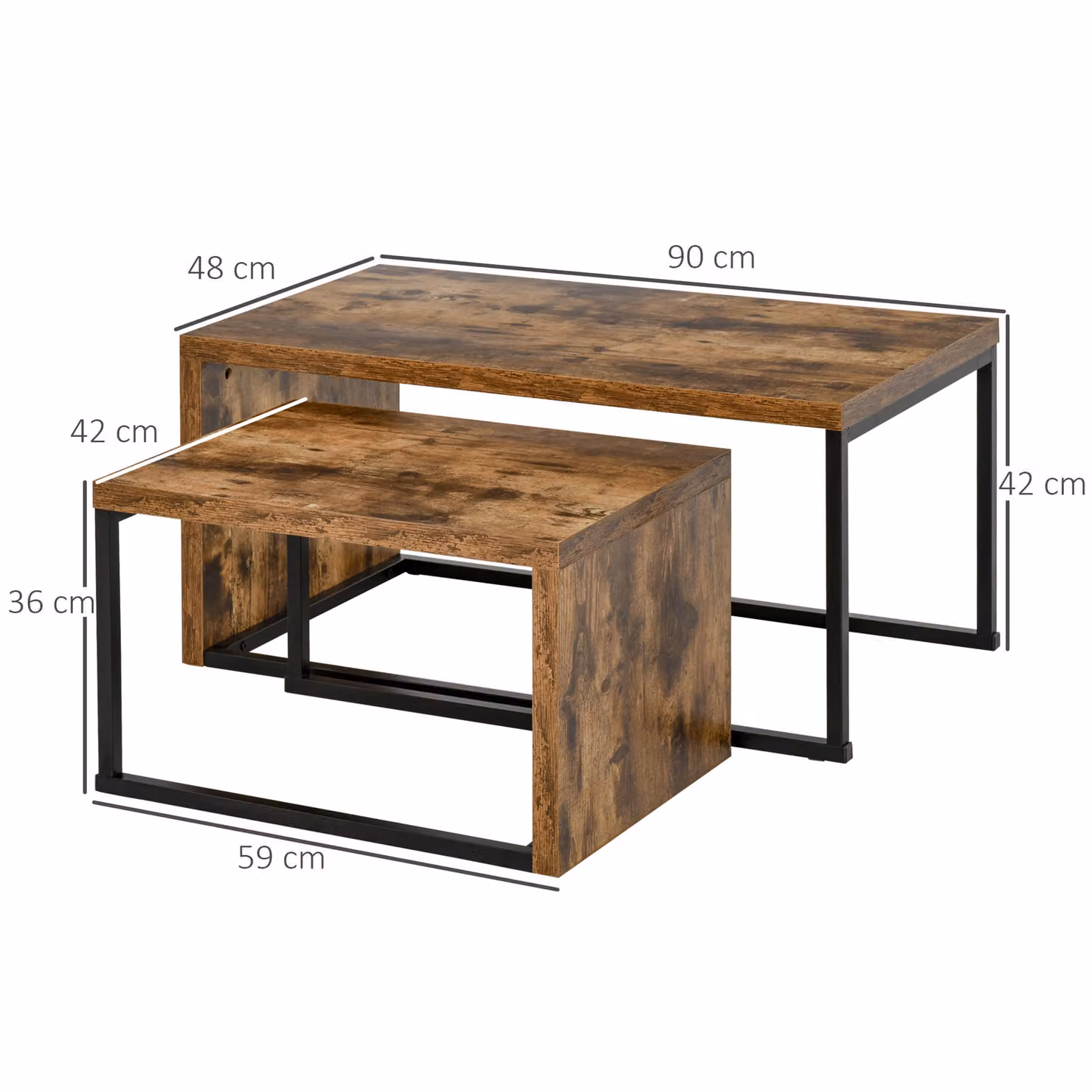HOMCOM Set of 2 Industrial Style Coffee and Side Tables with Metal Frame in Black and Brown – 3