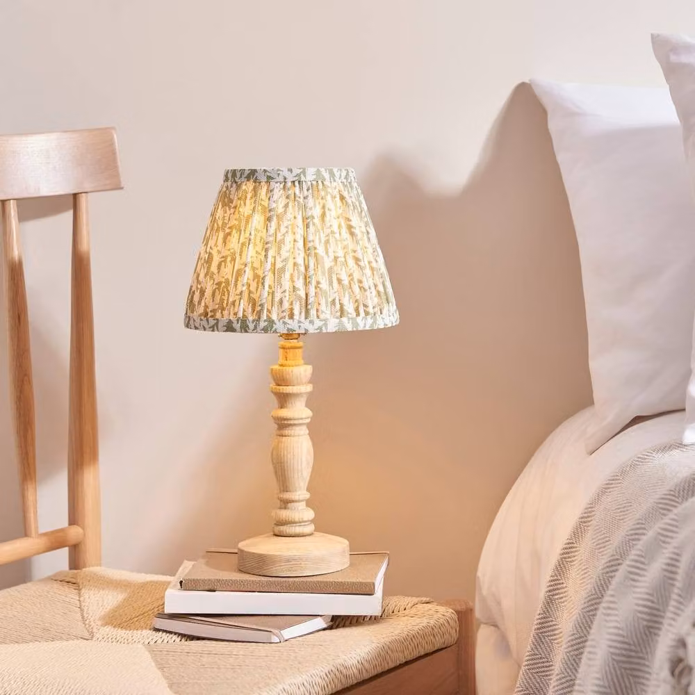 Netlighting Bibury Ash Table Lamp with Green Fabric Leaf Shade and Gold/Brass Wood Base, 20cm – 2