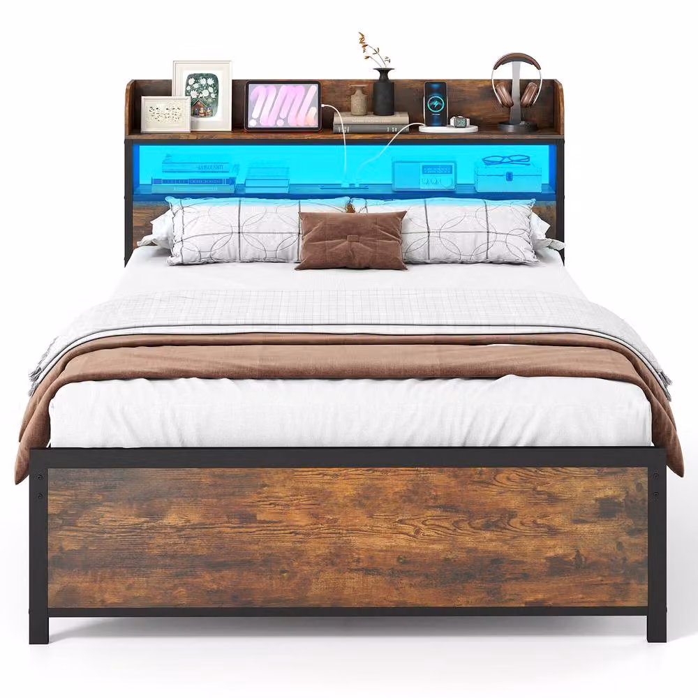 Costway Double Bed Frame in Brown with LED Lights, USB Charging Ports and Headboard, W/D/H: 140 x 200 cm – 3