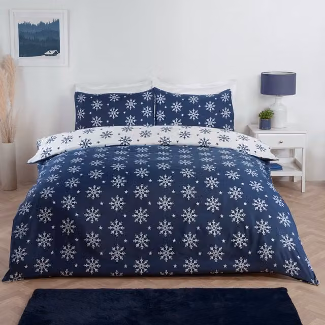 Rapport Home Snowflake Reversible Microfibre Duvet Cover and Fitted Sheet Set, White and Blue, W/D/H: 180 x 200 cm
