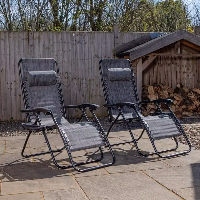 Samuel Alexander Set of 2 Grey and Black Multi Position Zero Gravity Garden Lounger Chairs with Adjustable Headrest and Cup Holders
