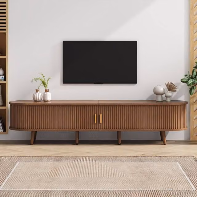 Matteo Oval TV Stand with 2 Drawers and Sliding Doors in Dark Oak and Walnut MDF