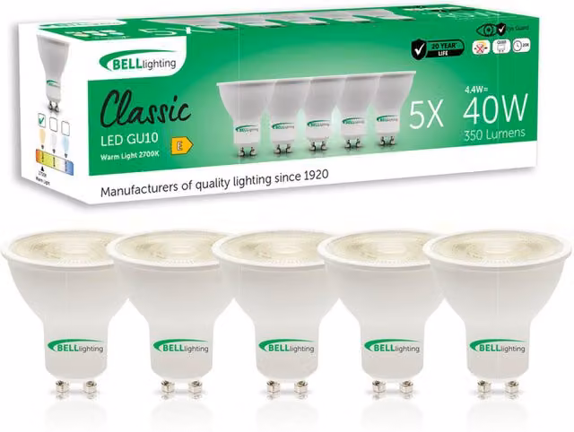 Bell Lighting GU10 LED Spotlight Bulbs, Warm White 2700K, 4.4W, 350lm, Pack of 5