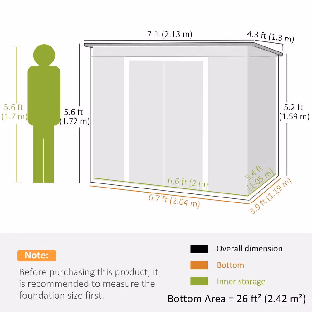 Rolipo Galvanised Steel Garden Shed with Foundation Kit and Double Doors, Dark Grey, W: 213.4 cm, D: 121.9 cm, H: 172 cm – 4
