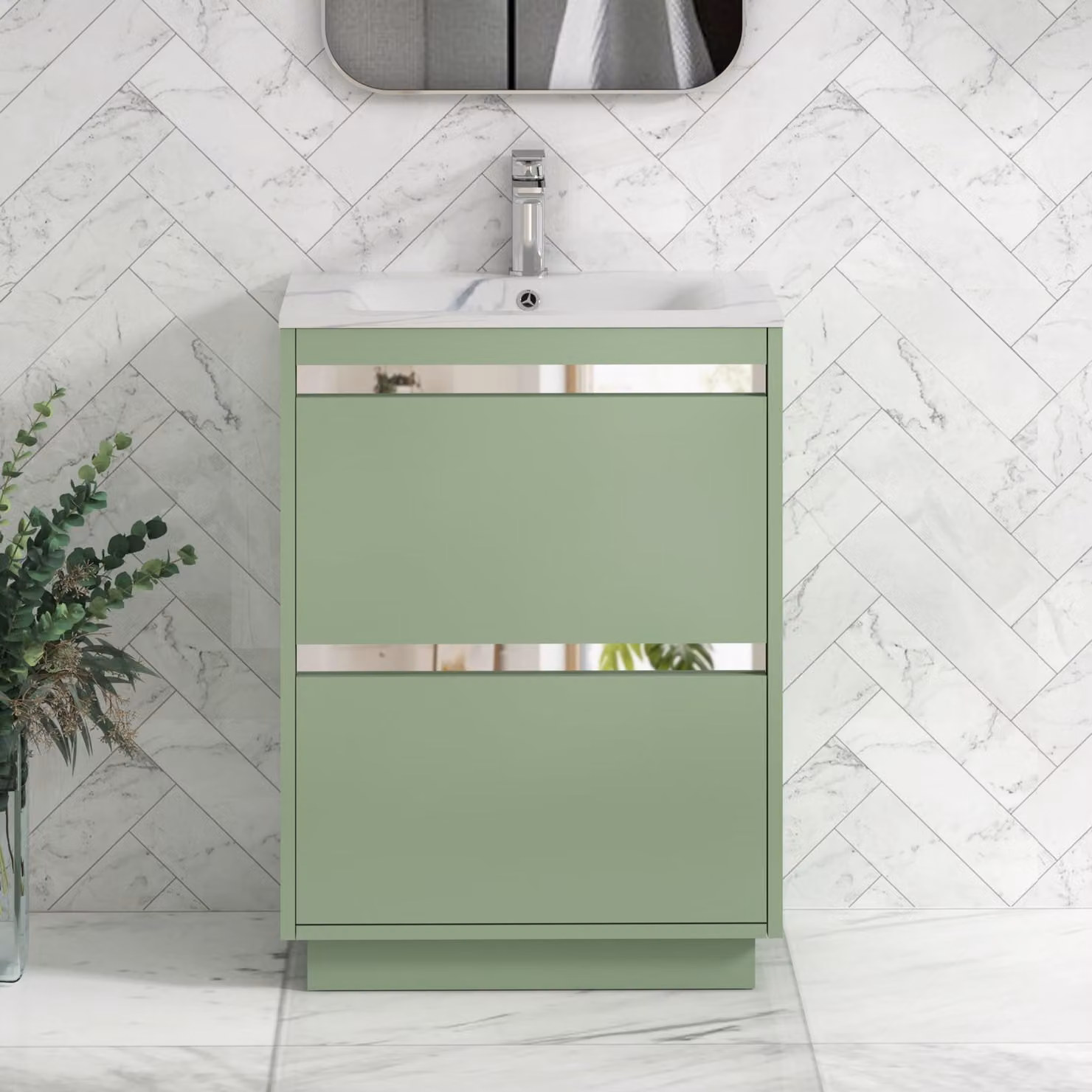 Royal Bathrooms Orion 600mm Floor Standing 2 Drawer Vanity Unit in Mint Sage with Carrara White Basin and Chrome Accent Trim