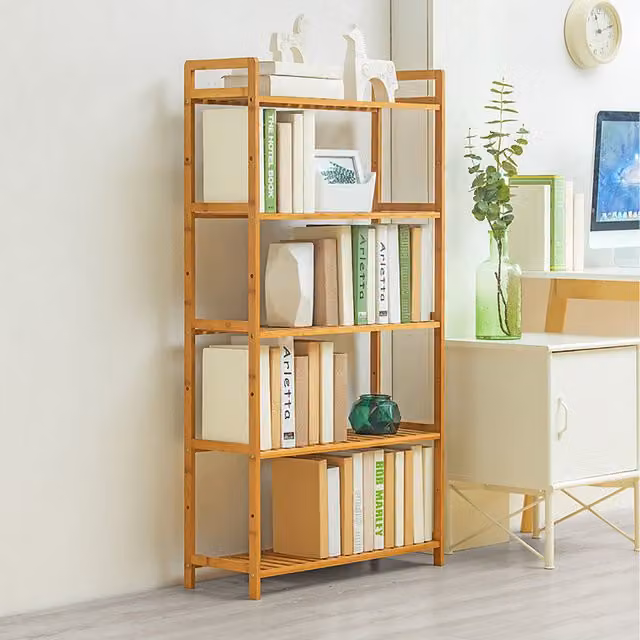 Livingandhome Tiered Bamboo Wood Book Storage Shelf, Brown, W: 128 cm, D: 25 cm, H: 68 cm