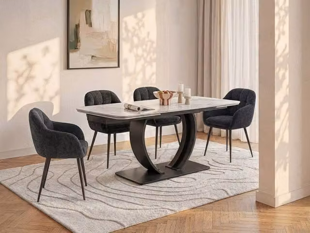 Vente-unique Modern Extendable Rectangular Ceramic Dining Table with Black Metal Base, White and Black, W/D/H: 160 x 90 x 76 cm