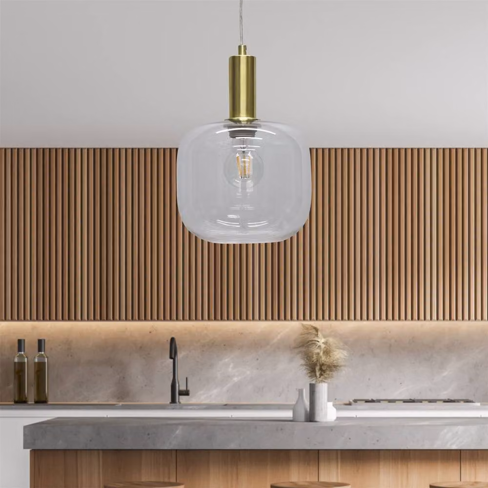 First Choice Lighting Bletch Set of 2 Deco Pendant Fittings, Clear Glass and Satin Brass, Height Adjustable – 2