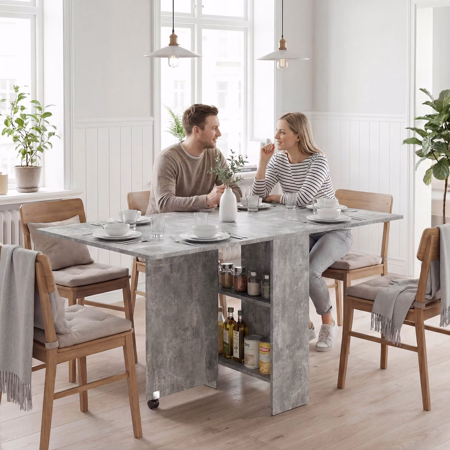 HOMCOM Folding Kitchen Dining Table with Drop Leaf, 2-Tier Shelves and Rolling Casters, Cement Grey – 2