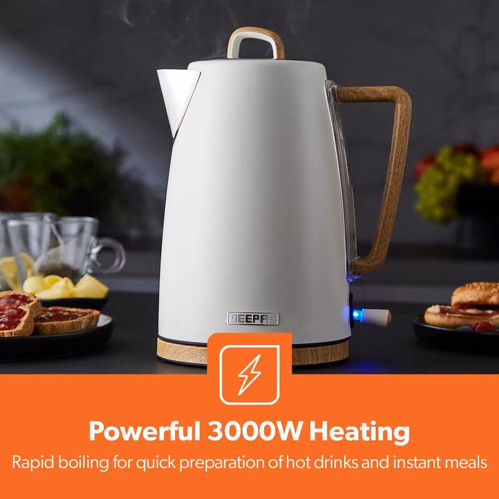 Geepas NordiQ Collection Kettle and 4 Slice Toaster Set with Wood Accents in Beige and White – 3