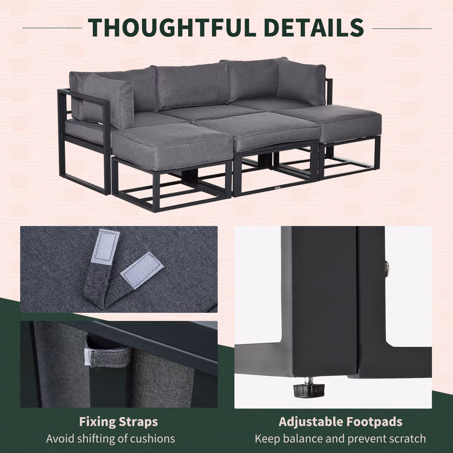 Outsunny 6 Piece Grey L-Shape Outdoor Sectional Sofa Set with Powder Coated Aluminium Frame, Coffee Table, Ottoman and Upholstered Cushions – 7