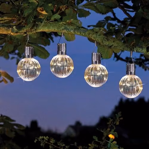 Set of 4 Solar Powered Hanging Orb Lights with Firefly Effect in Transparent Glass, Warm White, H11 x 8cm Diameter