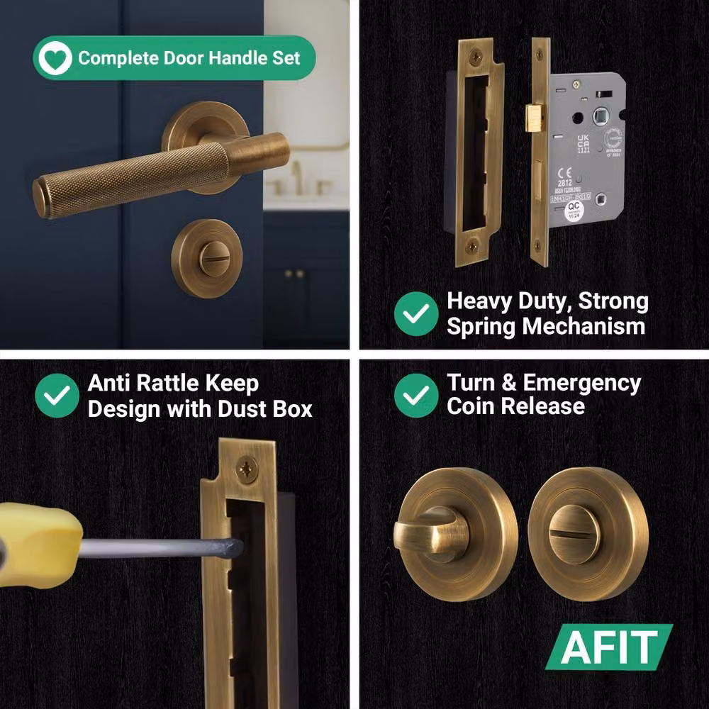 AFIT Antique Brass Knurled Lever Rose Bathroom Lock in Bronze, 1 Pair, W/D/H: 15 x 15 x 6.4 cm – 6