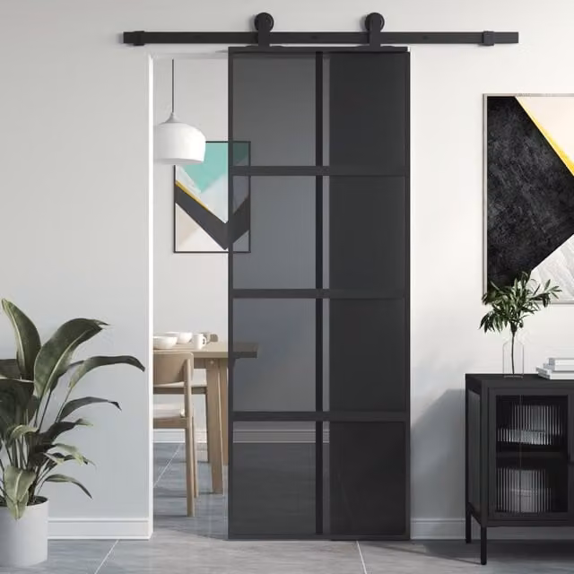 Berkfield Home Minimalist Sliding Door in Black with Transparent Tempered Glass and Aluminium, W: 76 cm, H: 205 cm