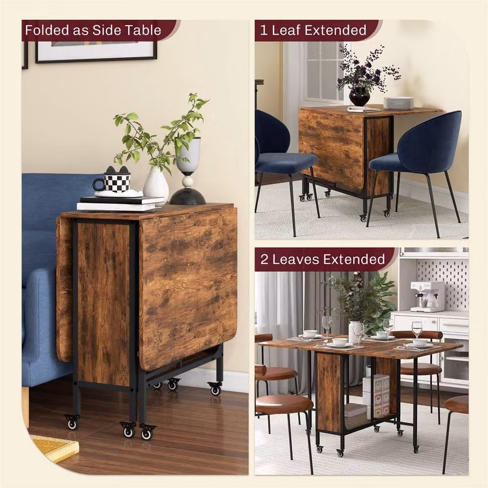 KORVIXA Rustic Brown Extendable Rectangular Wood Dining Table with Castors – 4