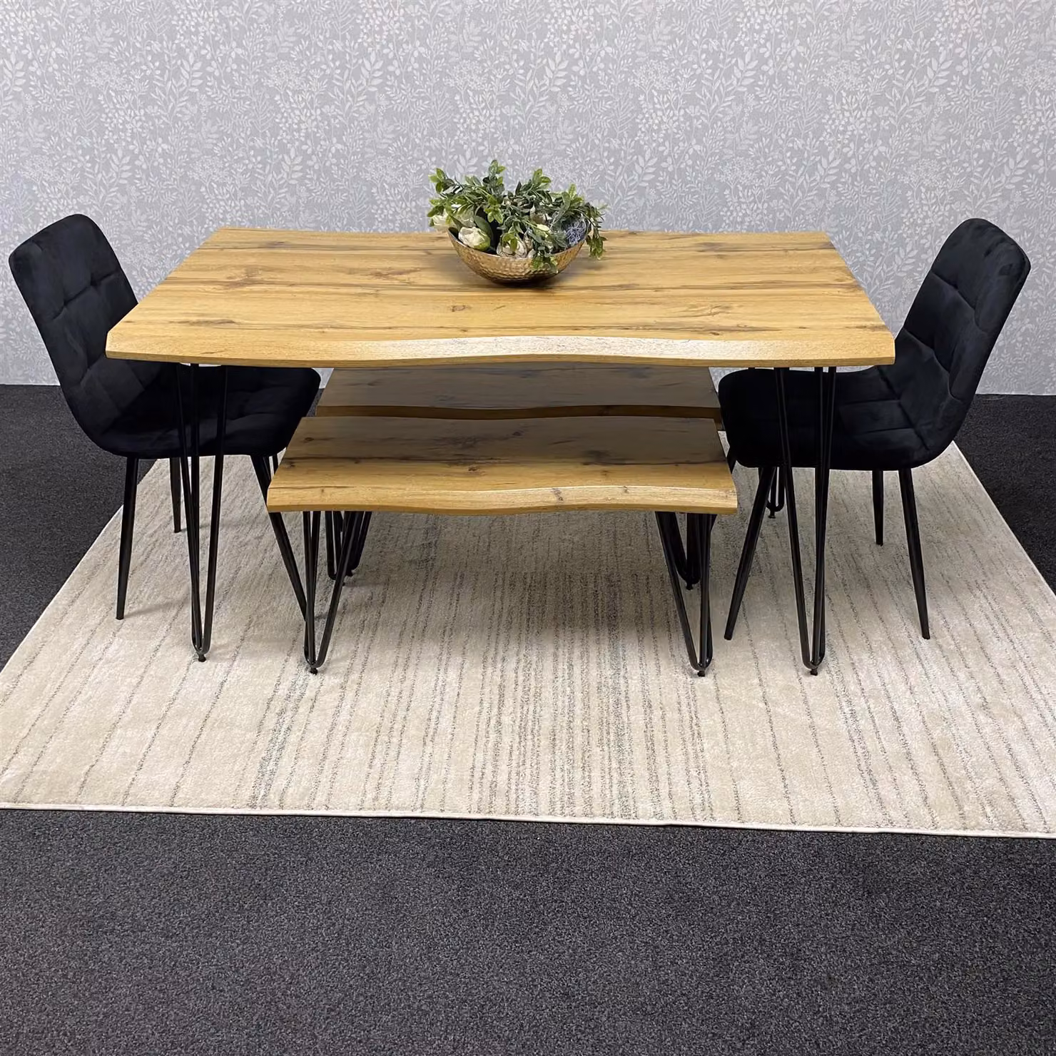 Kosy Koala Modern Dining Table Set with 2 Black Velvet Chairs and 2 Benches in Brown – 5