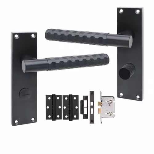 Golden Grace Victorian Knurled Bathroom Door Handle Set with Long Backplate in Matt Black Zinc Alloy