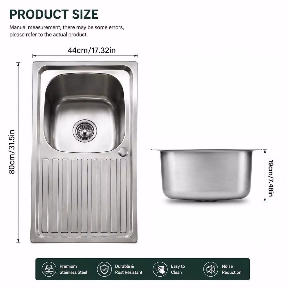 INMTFEI 304 Stainless Steel Single Bowl Kitchen Sink with Drainer Board in Silver – 6