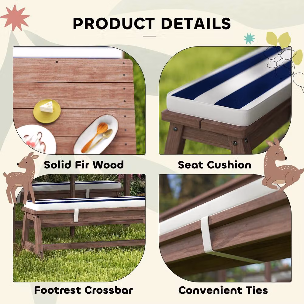 STILVORA Kids Picnic Table Set with Umbrella and Striped Blue Cushions in Wood – 5