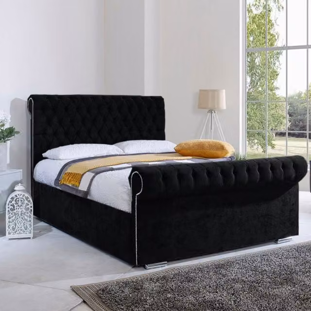 Desire Deco Royal Sleigh Bed Frame in Black Velvet Fabric, W/D/H: 200 x 200 cm