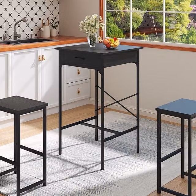 Livingandhome Black Rustic Wood and Metal Bar Table with Built-In Charging Station