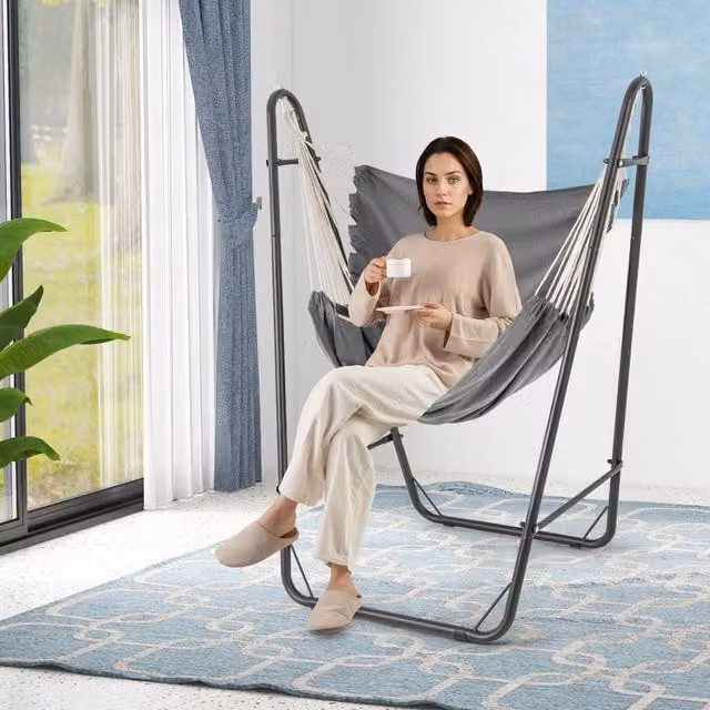 Gymax Hammock Swing Chair with Metal Stand and Side Pocket in Grey