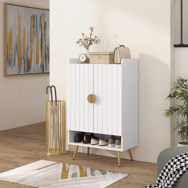 HOMCOM Modern White Hallway Shoe Cupboard with Hinged Doors and Internal Shelves – 1