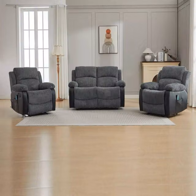 FURNITURE ONE Corduroy Fabric Electric Massage Sofa Set in Grey, 2+1+1 Seater – 1