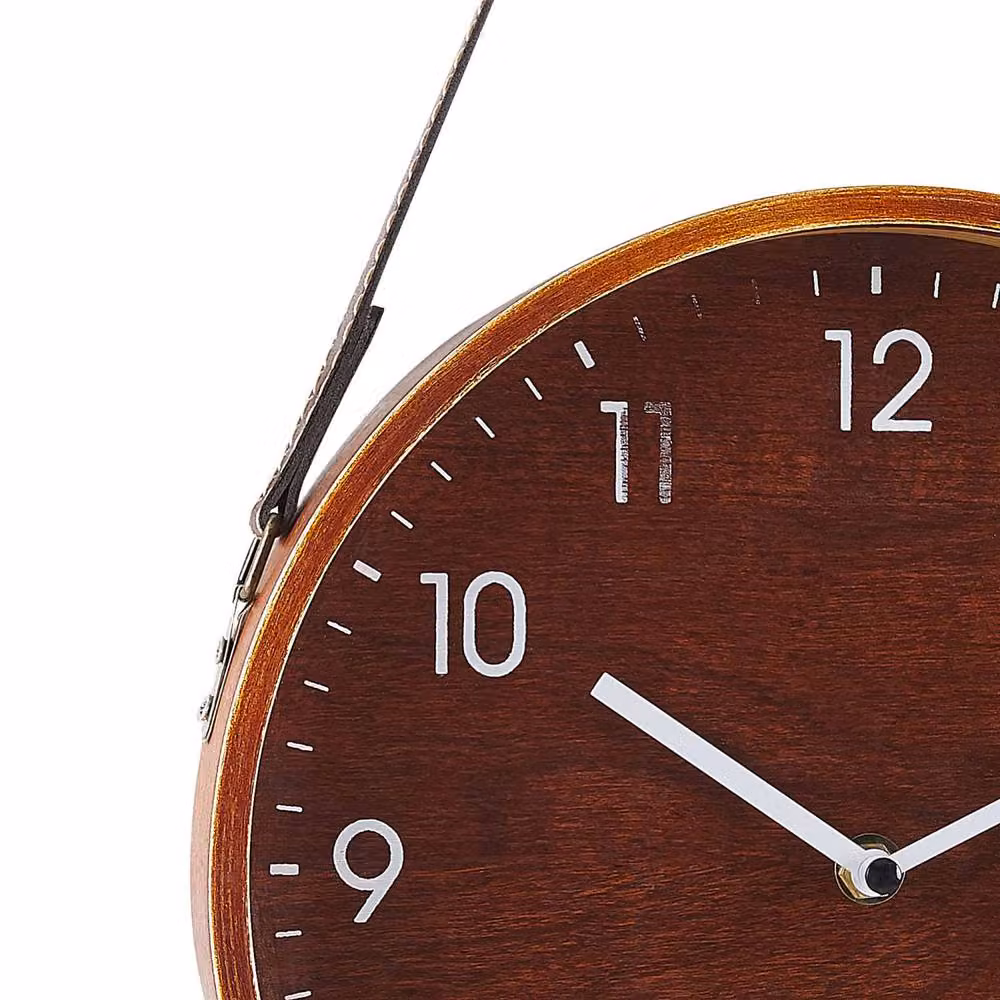 Wyld and Coco Heritage Home Round Analog Wall Clock in Brown with Faux Leather Hanger, Diameter: 26 cm – 4