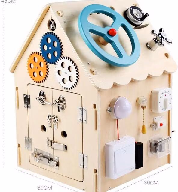 DYZI Montessori Busy House Steering Wheel Edition Wooden Activity Toy in Beige and Multicolour