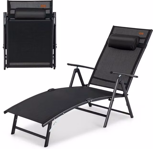 Costway Modern Folding Garden Chaise Lounger in Black Metal