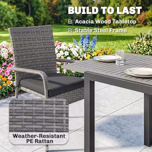 Outsunny 7 Piece Rattan Garden Furniture Set with Acacia Wood in Grey – 5