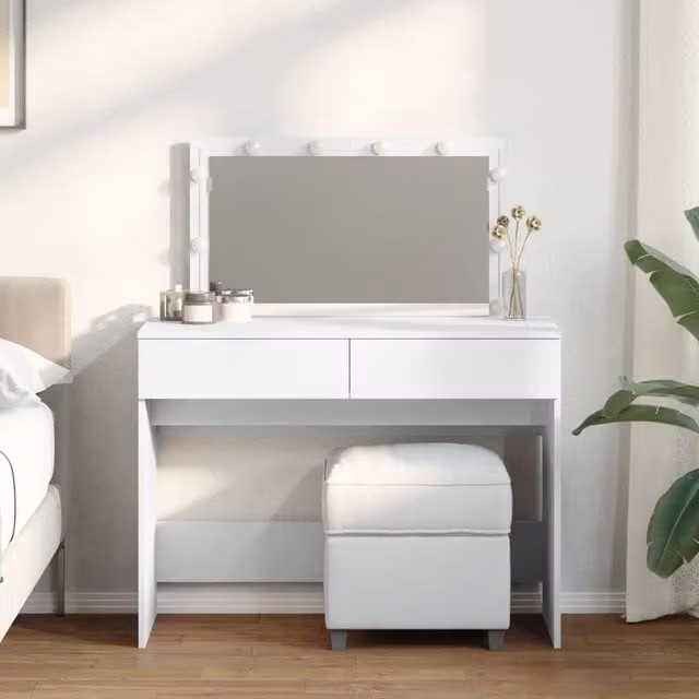 Berkfield Home Hollywood LED Dressing Table in White, W/D/H: 100 x 40 x 120 cm