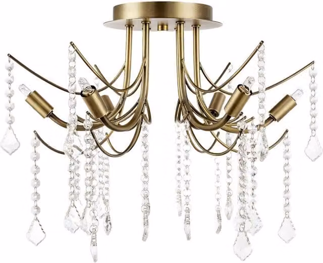 Happy Homewares Elegant Semi Flush Chandelier Ceiling Light with Transparent Crystal Droplets in Gold/Brass