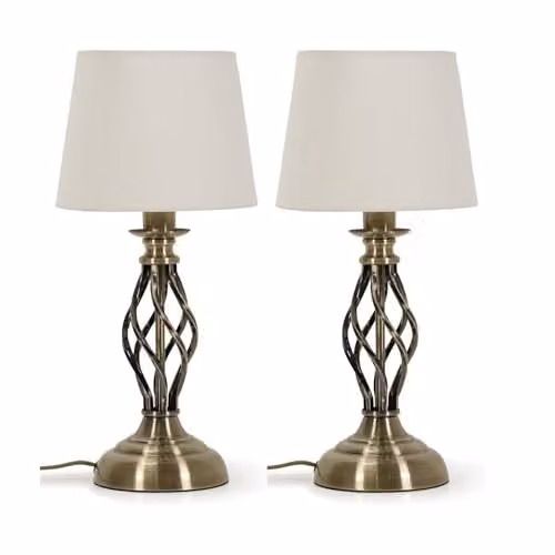 ValueLights Set of 2 Antique Brass Table Lamps with White Fabric Lampshades