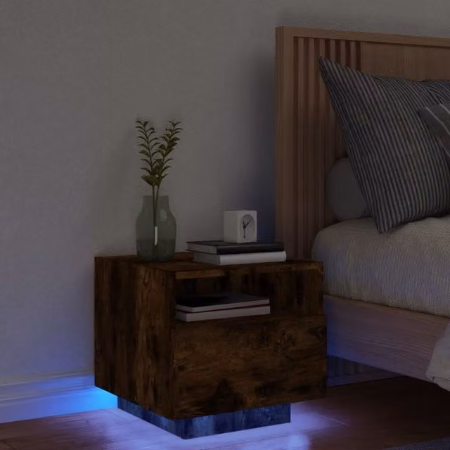 Berkfield Home Bedside Cabinet with Integrated LED Lights in Smoked Oak Brown, W/D/H: 40 x 39 x 37 cm