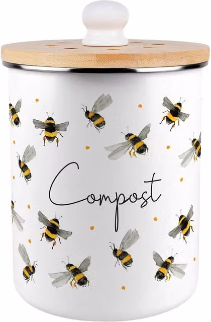 Purely Home Watercolour Bees Metal Compost Caddy with Flip Lid, 2L, Yellow and White