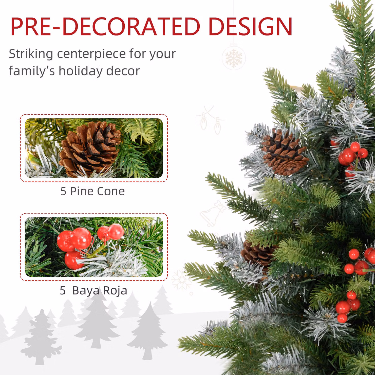 HOMCOM Set of Two Green Tabletop Christmas Trees with Lights, Berries and Pinecones, H: 60.96 cm – 4